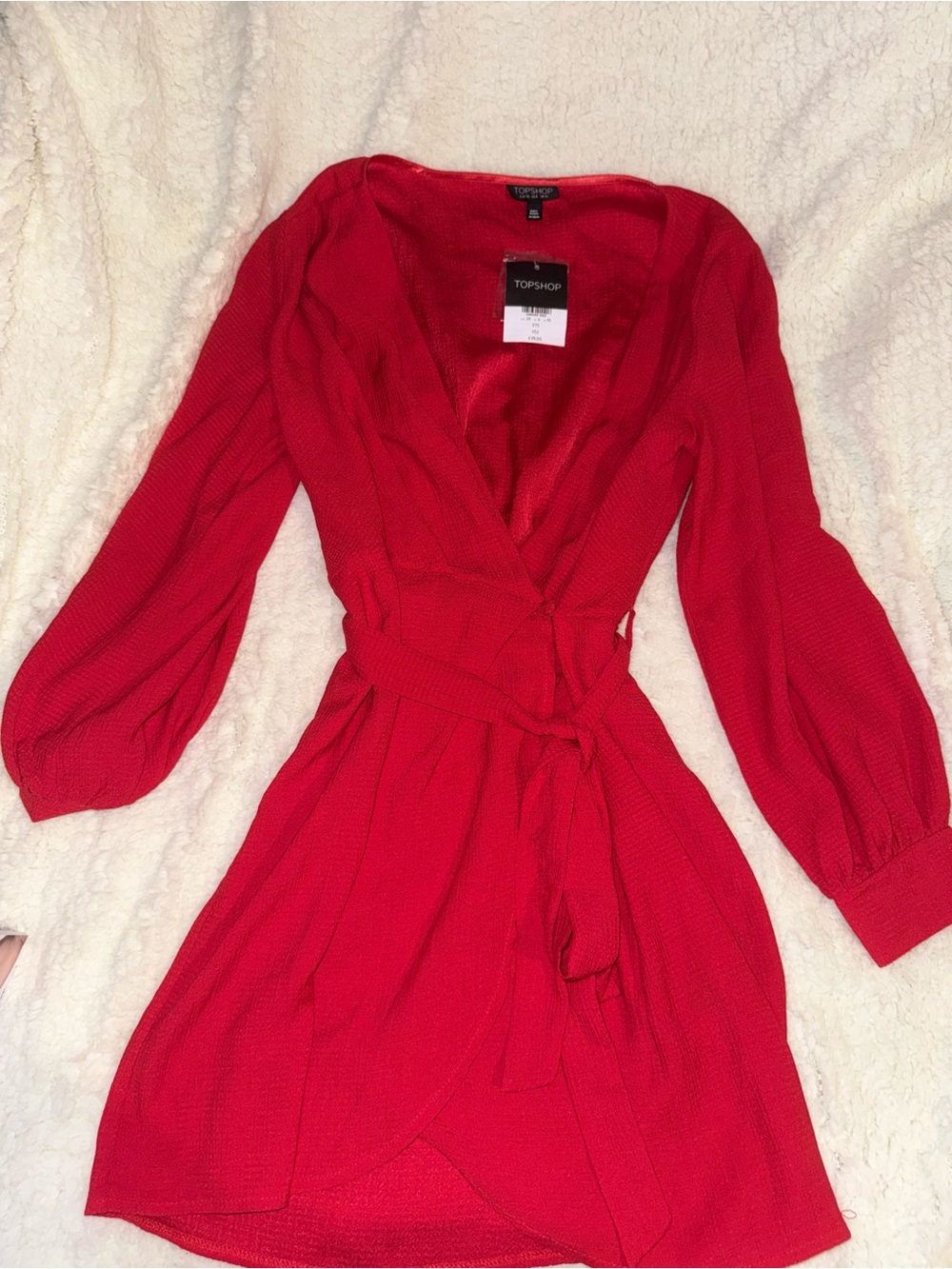 Topshop Bright Red Long Sleeve Wrap Dress with Tie